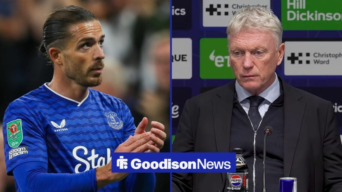 Jack Grealish clapping looking towards David Moyes looking annoyed in an Everton press conference