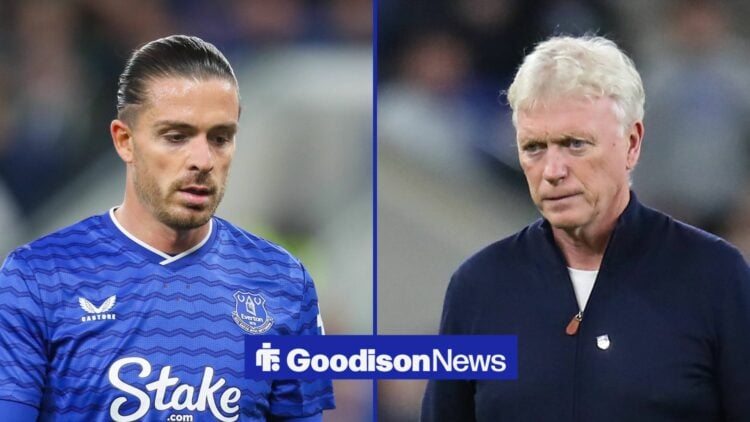 Everton star Jack Grealish and David Moyes looking angry.