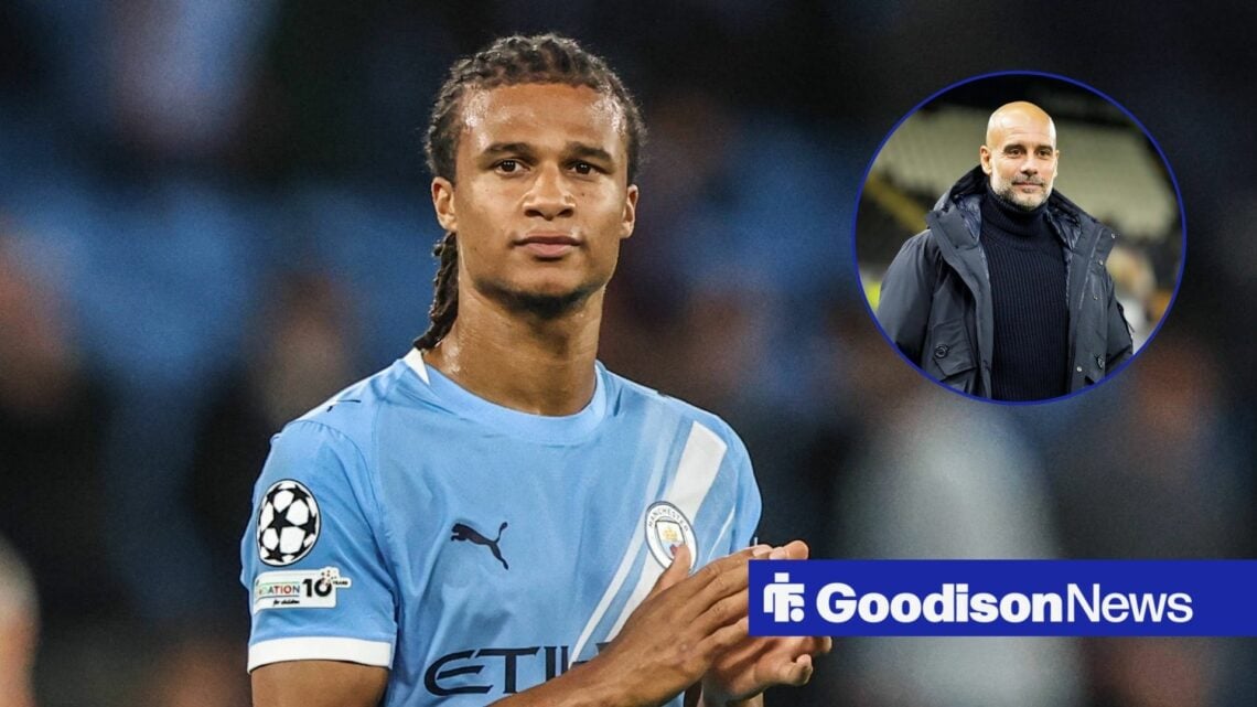 Man City's Nathan Ake with Pep Guardiola inset