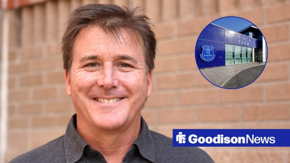 Everton owner Dan Friedkin smiling and Finch Farm in inset