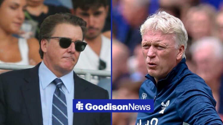 David Moyes looking confused and Everton owner Dan Friedkin.