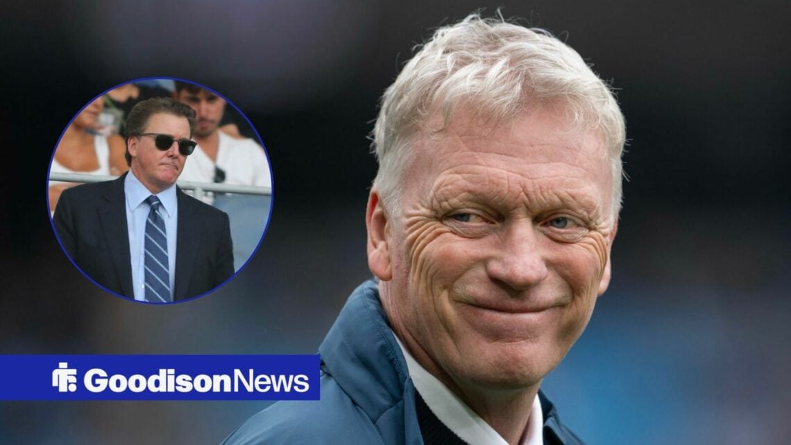 Everton boss David Moyes smiling, Dan Friedkin in inset.