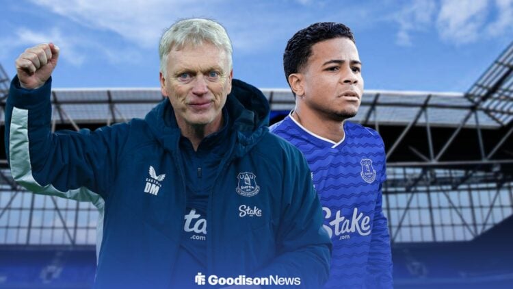 Everton boss David Moyes and Al-Nassr forward Wesley in a Blues shirt.