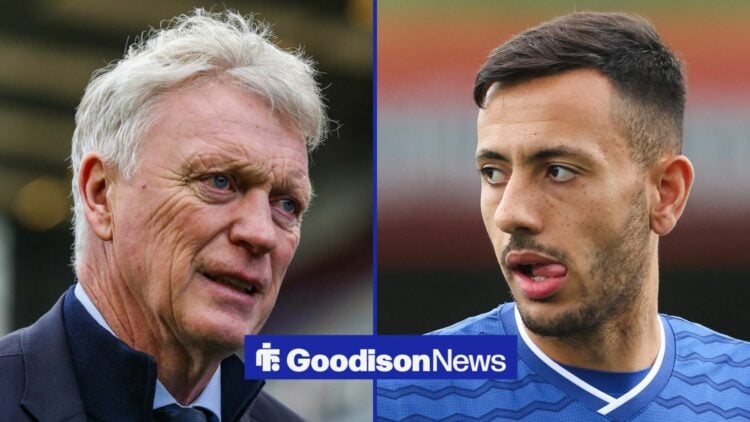 Everton star Dwight McNeil and David Moyes looking sad.