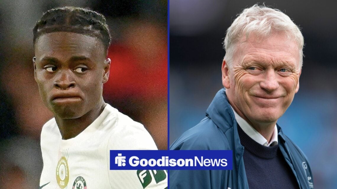 Chelsea winger Tyrique George and Everton manager David Moyes side by side