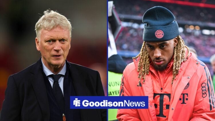 Everton manager David Moyes and Bayern Munich defender Sacha Boey side by side