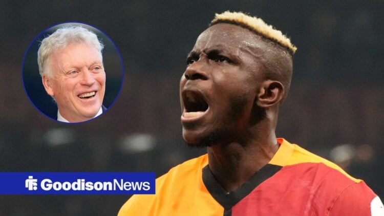 Galatasaray striker Victor Osimhen and Everton manager David Moyes in circular inset