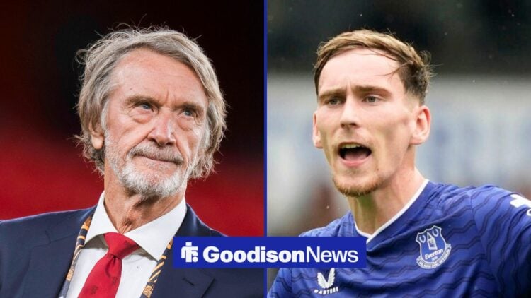 Manchester United chief Jim Ratcliffe and Everton midfielder James Garner side by side