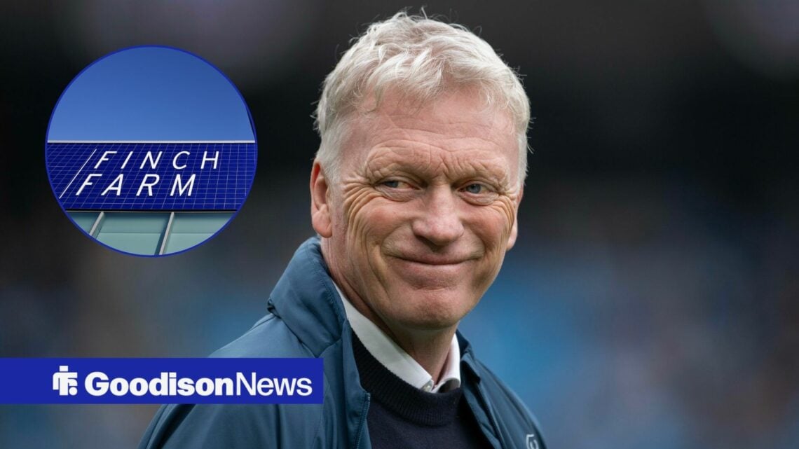 David Moyes smiles towards a circular frame of Finch Farm