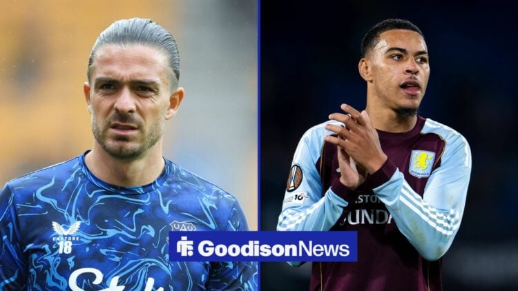 A split image of Everton's Jack Grealish and Aston Villa's Morgan Rogers