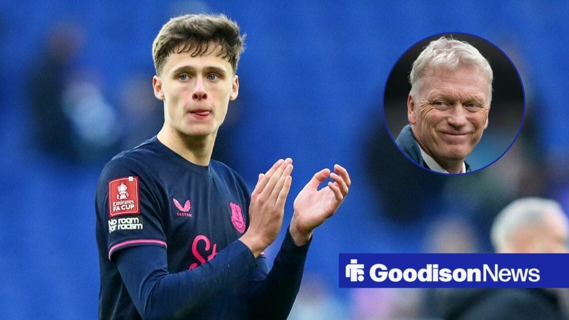 Everton star Harrison Armstrong clapping, David Moyes in inset.