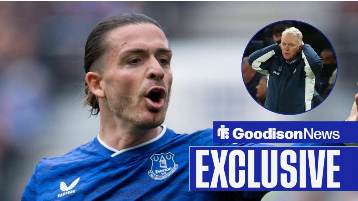 Everton star Jack Grealish looking angry, David Moyes in inset.
