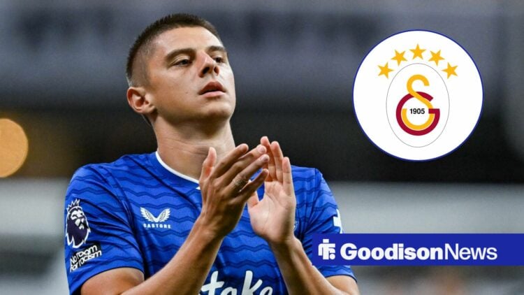 Everton's Vitalii Mykolenko clapping, Galatasaray badge in inset.