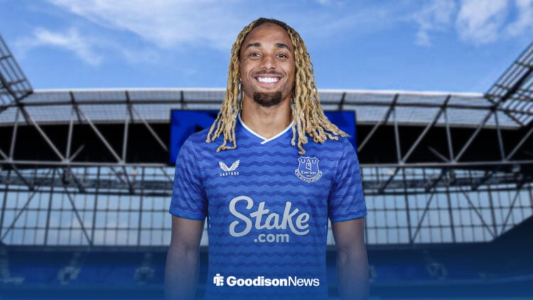 Sacha Boey in Everton home kit with Hill Dickinson Stadium in the background