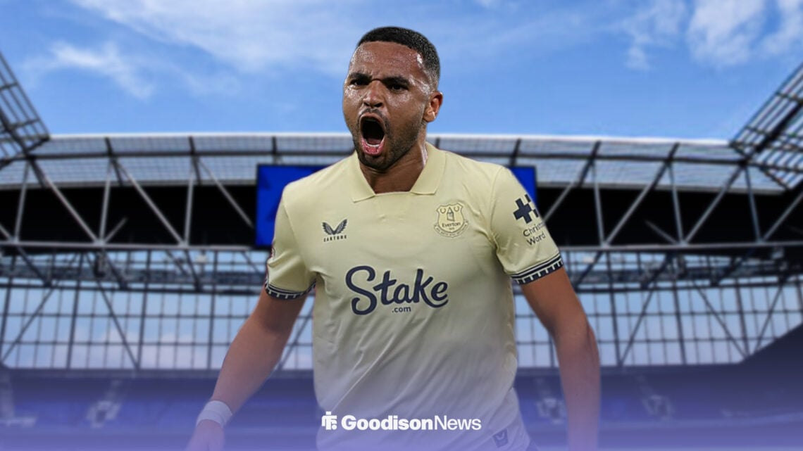 Youssef En-Nesyri in Everton away kit with Hill Dickinson Stadium in the background