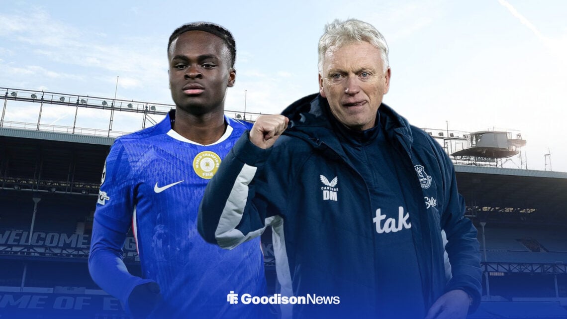 Chelsea forward Tyrique George and Everton manager David Moyes with Hill Dickinson Stadium in background
