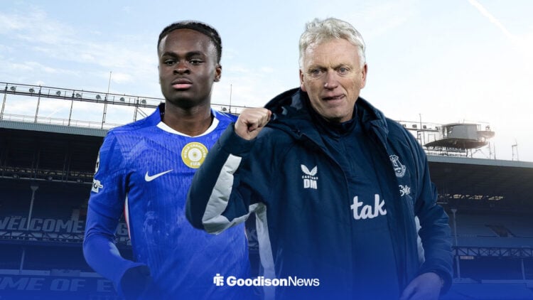 Chelsea forward Tyrique George and Everton manager David Moyes with Hill Dickinson Stadium in background