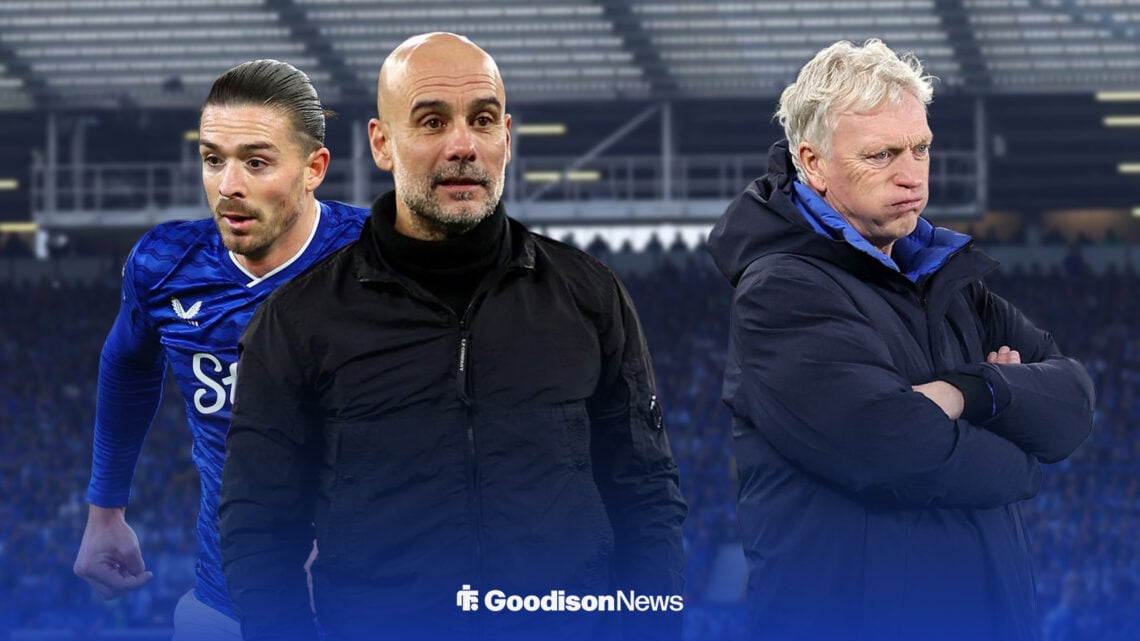 Jack Grealish, with Pep Guardiola and David Moyes alongside him