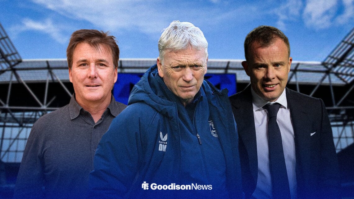 Dan Friedkin, David Moyes and Angus Kinnear with Hill Dickinson Stadium behind them