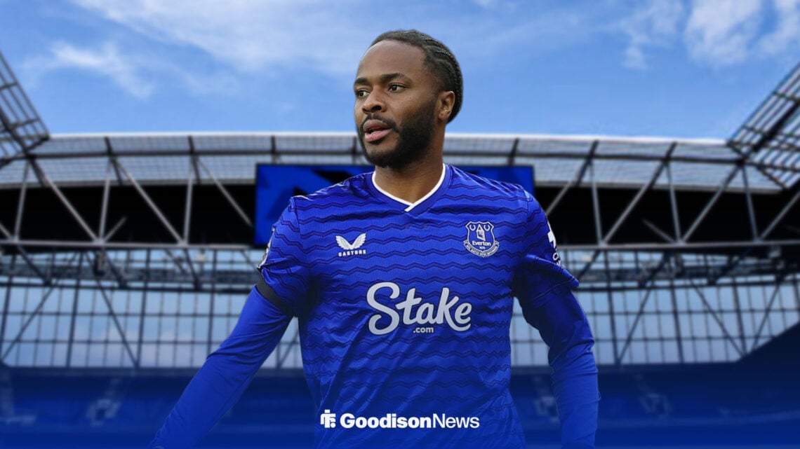 Raheem Sterling in an Everton shirt with Hill Dickinson Stadium background