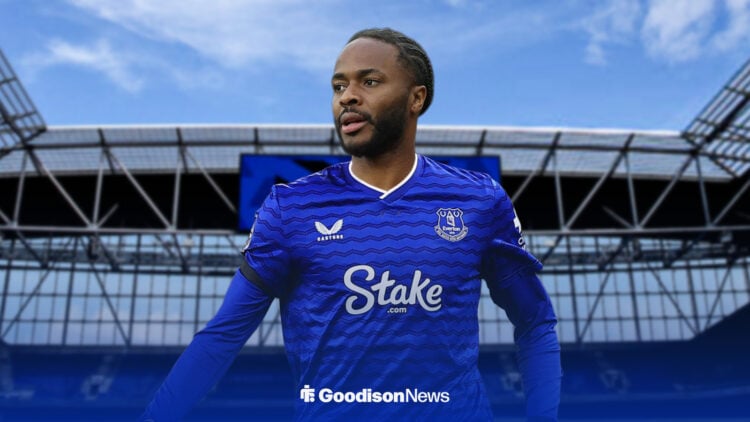 Raheem Sterling in an Everton shirt with Hill Dickinson Stadium background