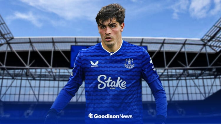 Juanlu Sanchez in an Everton kit at the Hill Dickinson Stadium.