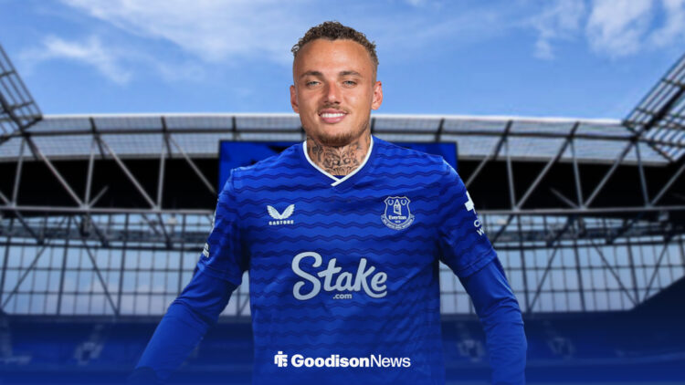 Noa Lang in Everton home kit with Hill Dickinson Stadium in the background