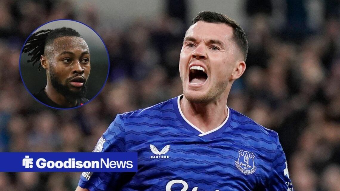 Man City's Antoine Semenyo inset and Everton's Michael Keane