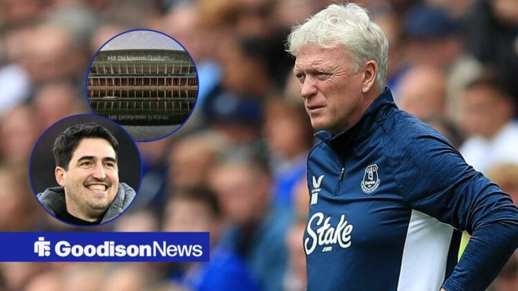 Premier League General View outside the Hill Dickinson Stadium Stadium during the Everton FC v West Ham United on the left. While Everton manager D...
