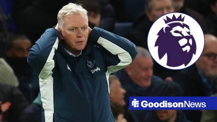 David Moyes looking stunned with his head in his hands while wearing an Everton jacket, as he looks towards an inset of the Premier League logo.