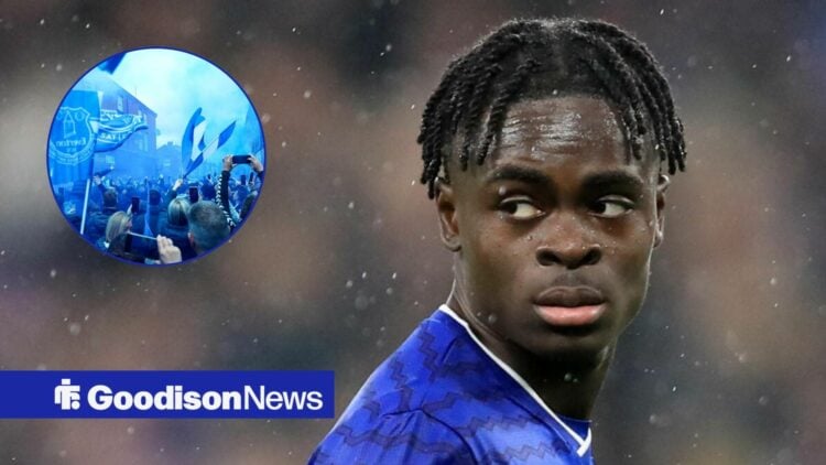 Image of small inset of Everton fans partying outside Goodison Park with Tyrique George on 10th February 2026 Hill Dickinson Stadium, Liverpool, En...