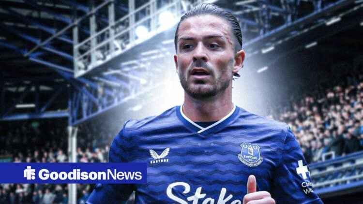 Jack Grealish in an Everton shirt with his thumb up.