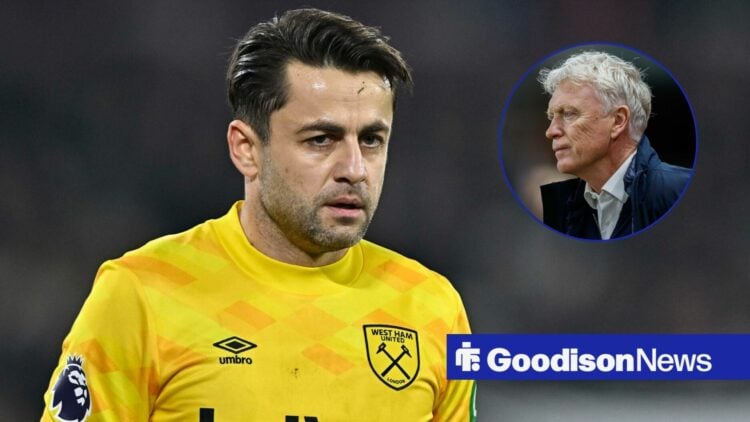 Lukasz Fabianski in action for West Ham with circular inset of David Moyes