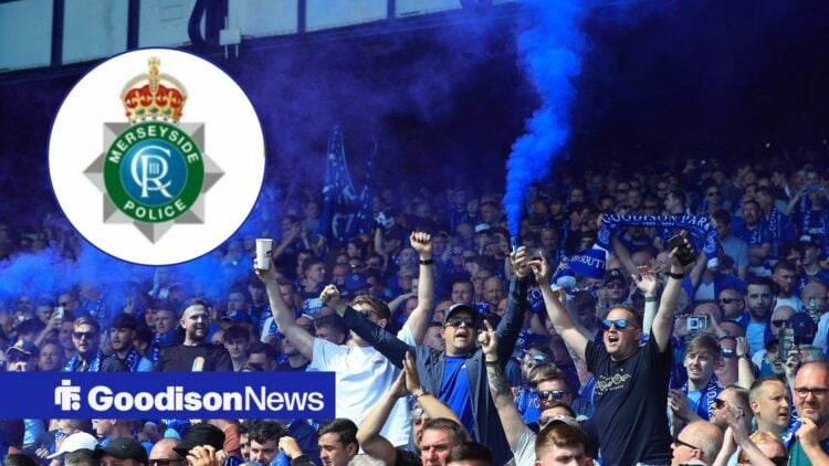 Merseyside police badge in an inset with an image of Everton fans in the lower Gwladys Street stand during the celebration of the final men's Evert...