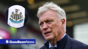 David Moyes looking on with Newcastle badge in circular inset