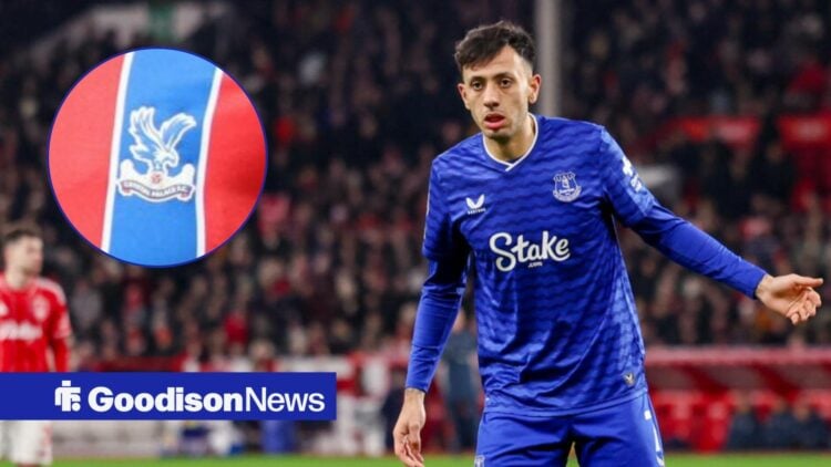 Dwight McNeil looks on with circular inset of Crystal Palace badge