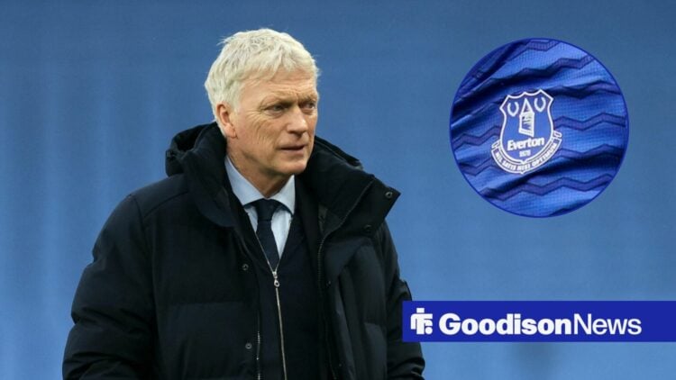 David Moyes looks towards circular inset of Everton badge