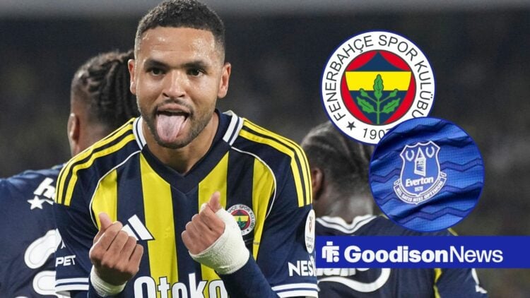 Youssouf En-Nesyri looks ahead with circular insets of Fenerbahce badge and Everton badge