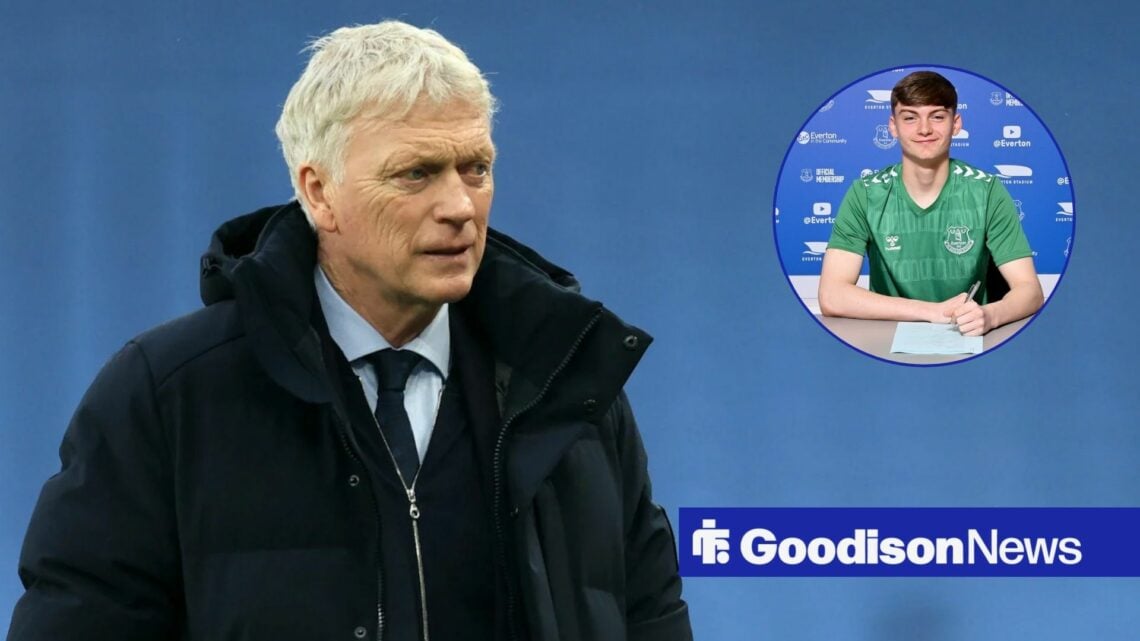 David Moyes looking towards a circle inset of George Pickford signing a contract at Everton