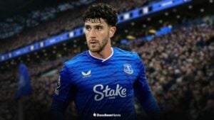 Marcos Senesi in an Everton shirt at the Hill Dickinson Stadium