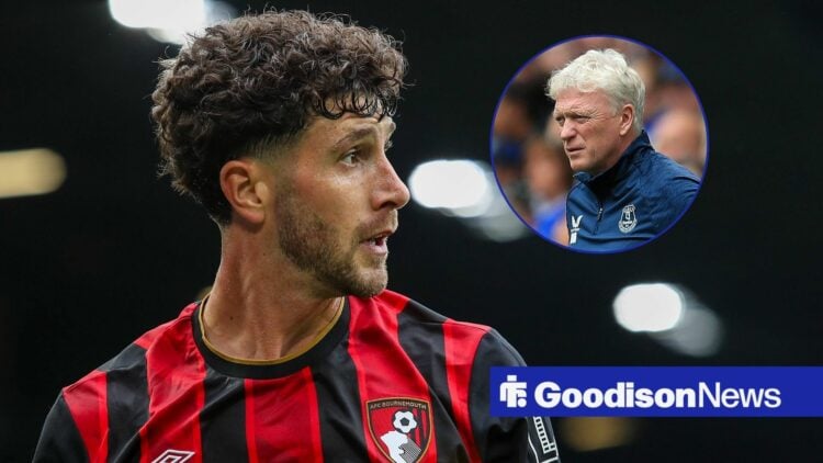 Bournemouth defender Marcos Senesi and David Moyes' Everton picture inset