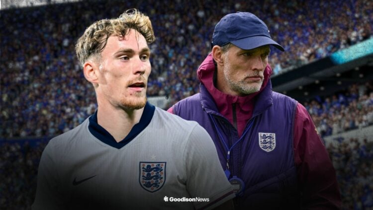 James Garner in an England shirt looking towards Thomas Tuchel managing England