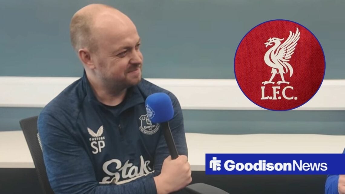 Scott Phelan speaking at Everton looking towards a circle inset of the Liverpool badge