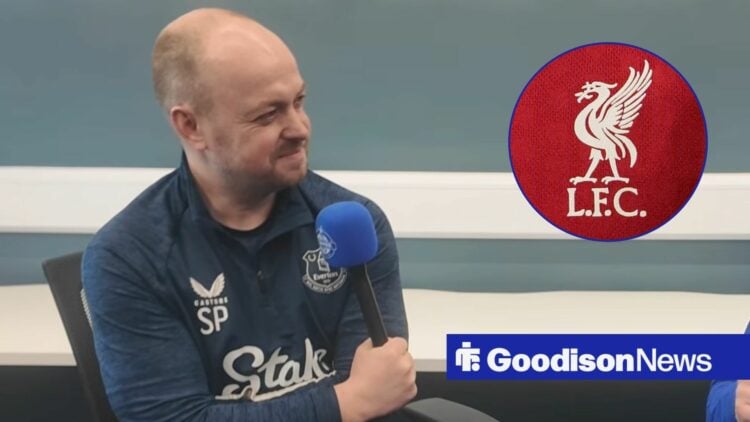 Scott Phelan speaking at Everton looking towards a circle inset of the Liverpool badge
