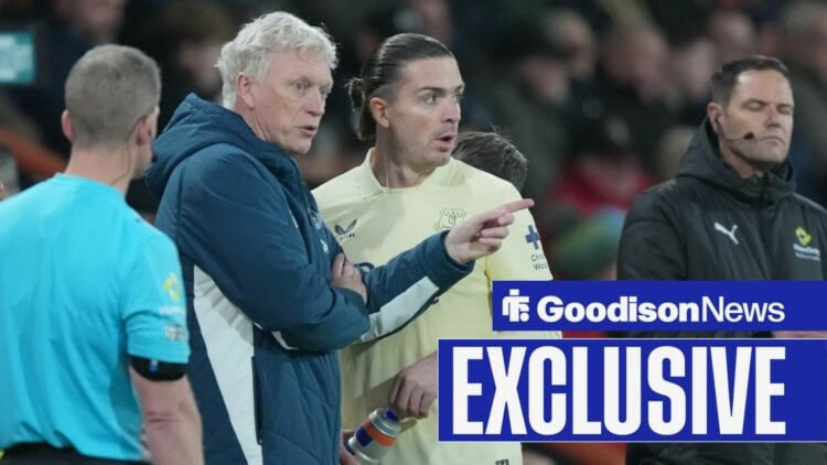 David Moyes manager of Everton has words with Jack Grealish of Everton. Bournemouth Vitality Stadium Bournemouth