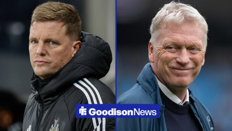 Newcastle United manager Eddie Howe looking sad and Everton manager David Moyes smiling