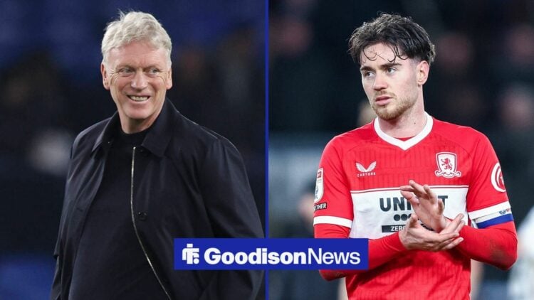 Everton manager David Moyes smiling during a Premier League game while looking at Middlesbrough captain Hayden Hackney who is smiling during a Cham...