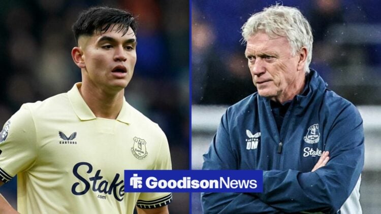 Carlos Alcaraz of Everton during the Burnley vs Everton Premier League match at Turf Moor, Burnley in 50:50 image next to David Moyes manager of Ev...