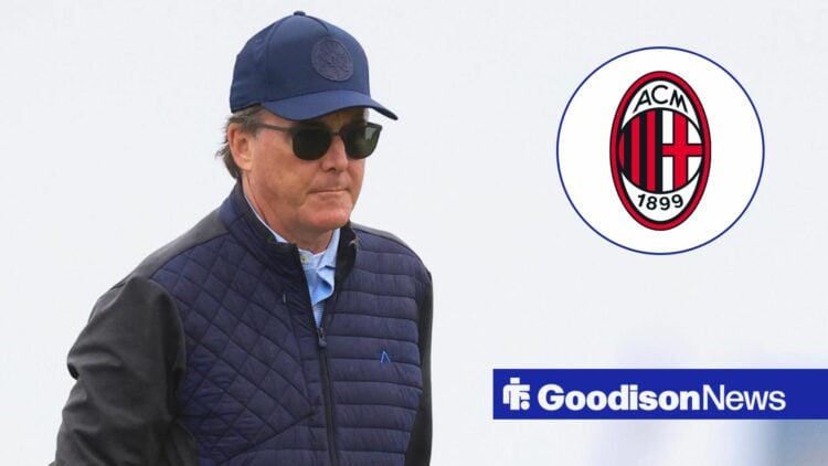 Everton owner Dan Friedkin in a hat and sunglasses, AC Milan badge in inset.