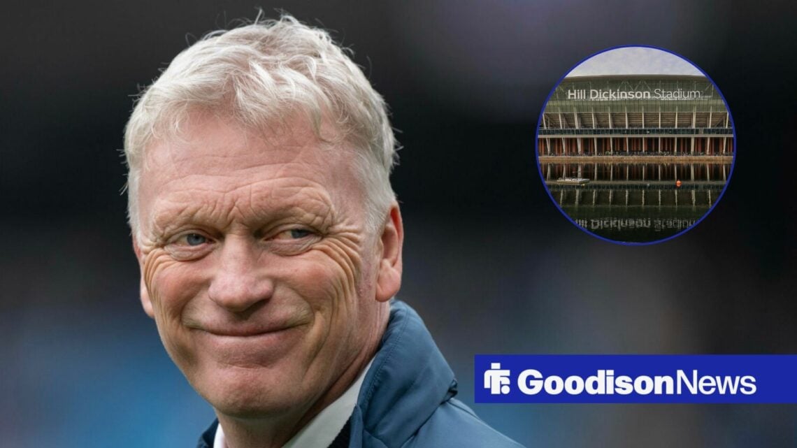 Everton manager David Moyes smiling, Hill Dickinson Stadium in inset.